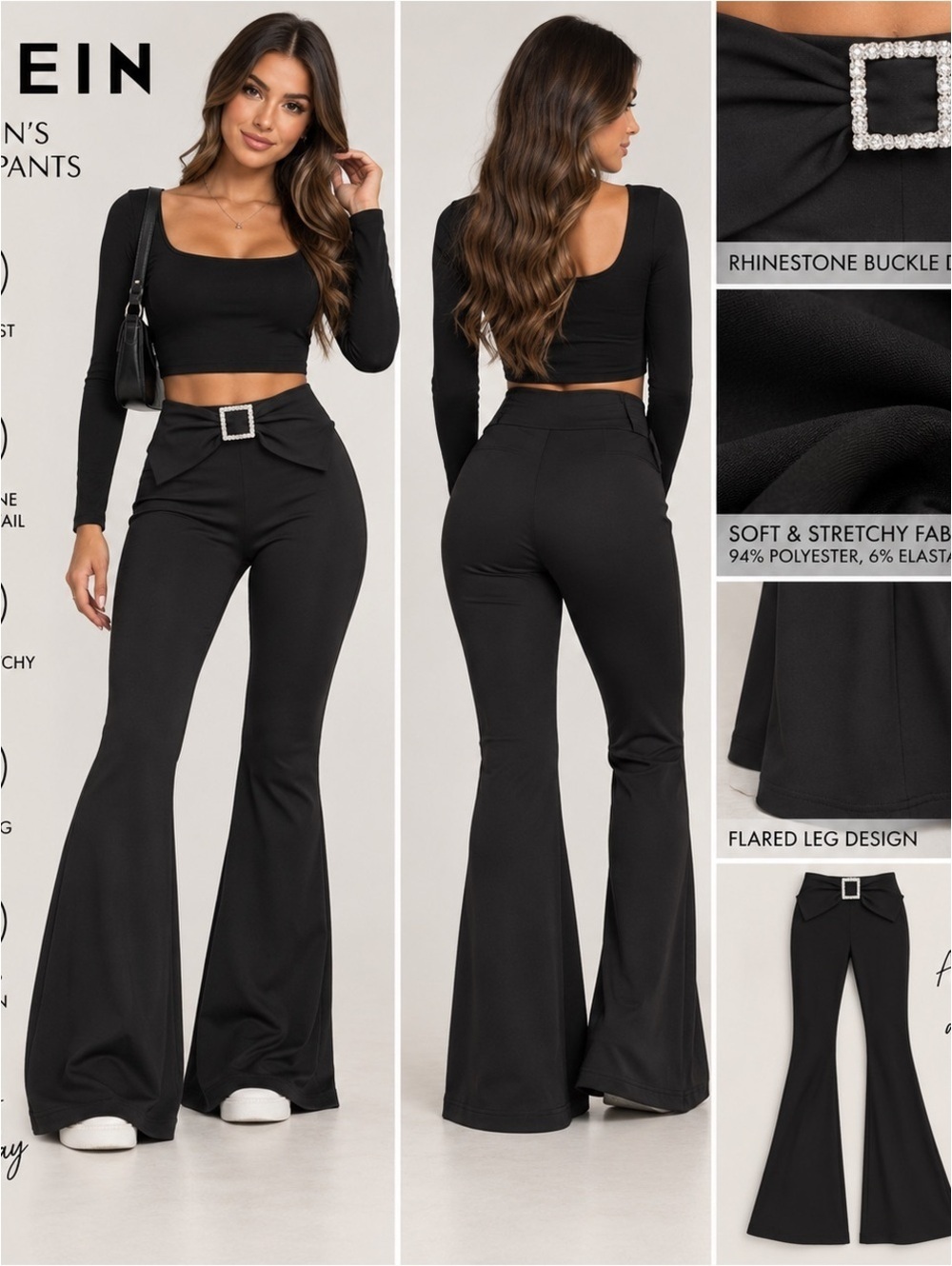 SHEIN Black High-Rise Rhinestone Buckle Flare Pants